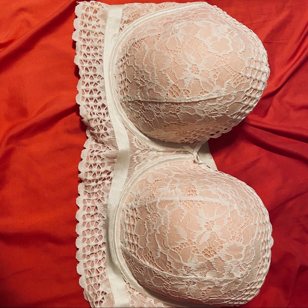 Pink and white strapless bra